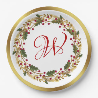 Christmas Wreath Green Holly Leaves Red Berry Paper Plate