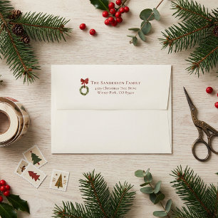 christmas wreath greenery red bow rustic envelope