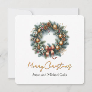 Christmas Wreath Greenery with Gold   Holiday Card