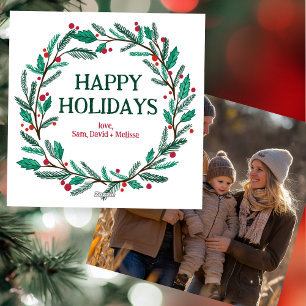 Christmas Wreath Hand-Drawn CUSTOM PHOTO  Holiday Card