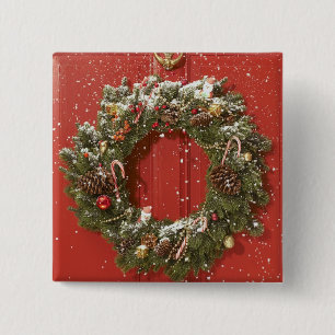 Christmas wreath hanging on a door 2 inch square button