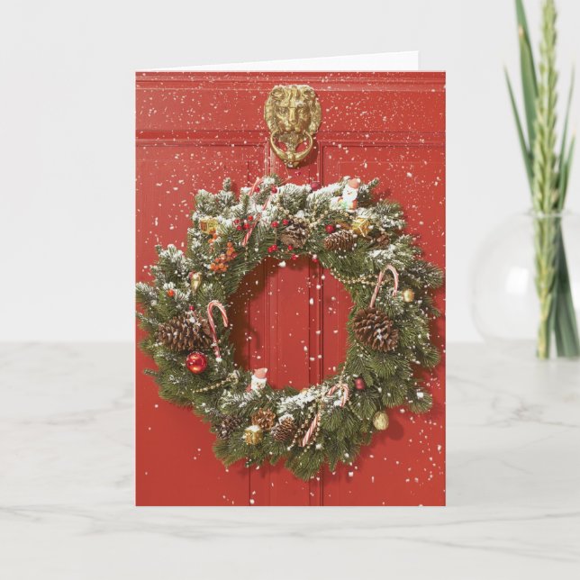 Christmas wreath hanging on a door holiday card (Front)
