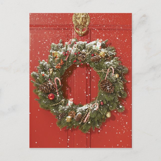 Christmas wreath hanging on a door holiday postcard (Front)