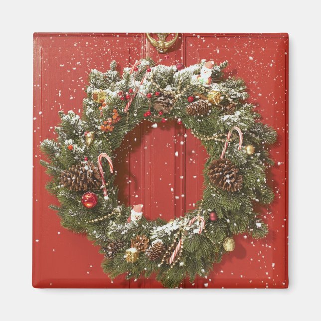 Christmas wreath hanging on a door magnet (Front)