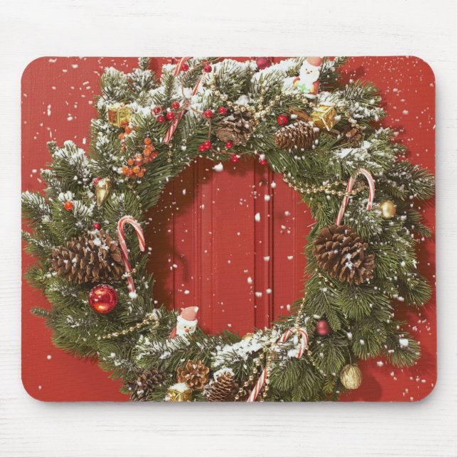 Christmas wreath hanging on a door mouse pad (Front)