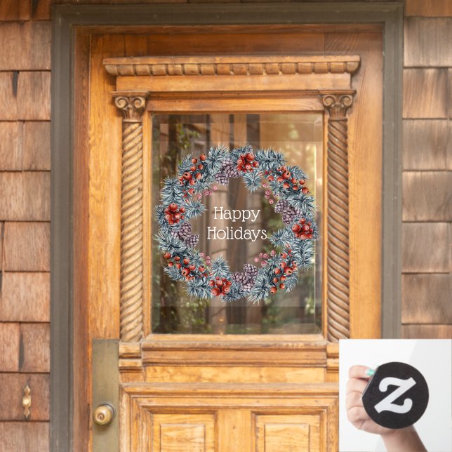 Christmas wreath Happy Holidays window art Cling (Home Door)