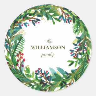 Christmas Wreath Holiday family name Holi Classic Round Sticker