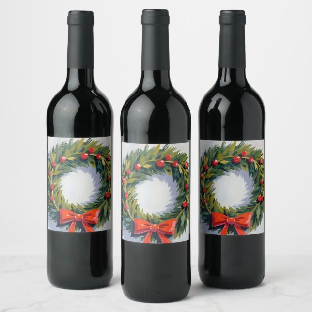 Christmas Wreath Holiday Party Painted Wine Label (Bottles)
