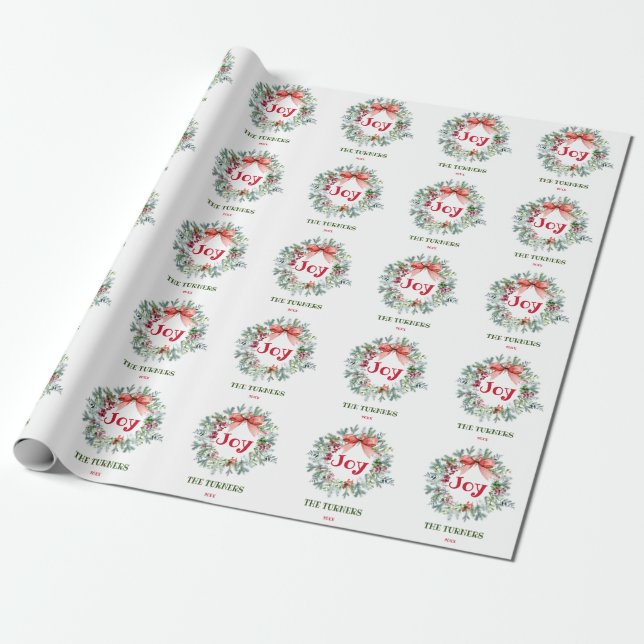 Christmas Wreath Holly Berry Joy Holidays Monogram Wrapping Paper (Unrolled)