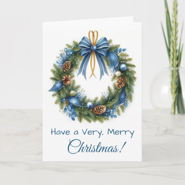 Christmas Wreath in Blue & Gold  Holiday Card (Front)