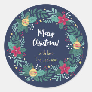 Christmas Wreath in Navy Personalized  Classic Round Sticker