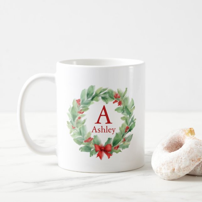 Christmas wreath in watercolor monogram and name coffee mug (With Donut)
