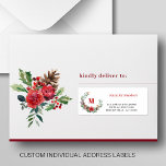 Christmas wreath individual guest address labels<br><div class="desc">Personalized Christmas wedding guest name and address mailing labels with an elegant rustic watercolor seasonal floral family monogrammed wreath and a trendy modern typography script.</div>