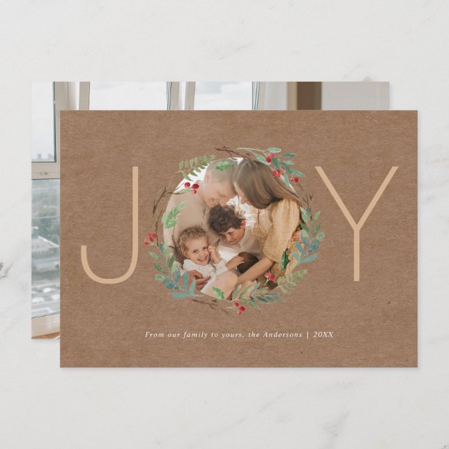 Christmas Wreath Joy Happy Holidays Photo Card (Front/Back)