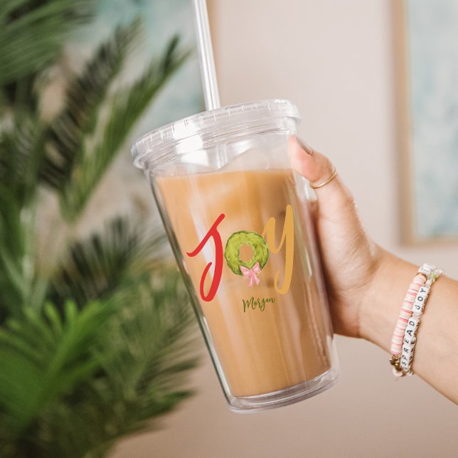 Christmas Wreath Joy Typography Cute Name Holiday Acrylic Tumbler (Creator Uploaded)