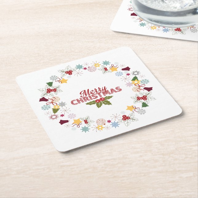 Christmas Wreath Joyful Greetings Collection Square Paper Coaster (Angled)