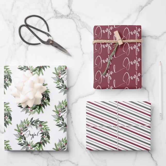 Christmas Wreath Joyful Script Red Green Holiday Wrapping Paper Sheet (Front)
