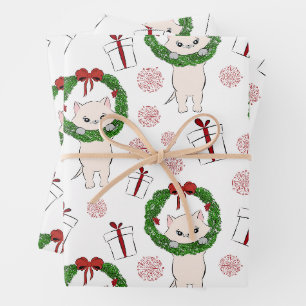 Christmas Wreath, Kitten and Presents  Wrapping Paper Sheet