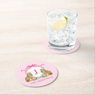 Christmas Wreath Leopard Crest Monogram  Round Paper Coaster