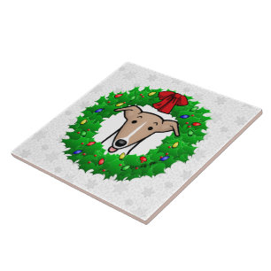 Christmas Wreath & Lights Whippet - Fawn & white Tile