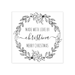 Christmas Wreath Made With Love Personalized Rubber Stamp
