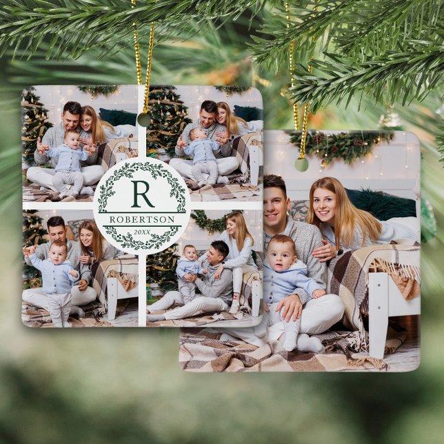 Christmas Wreath Monogram 5 Photo Ceramic Ornament (Creator Uploaded)