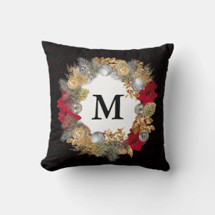 Christmas Wreath MONOGRAM Black Throw Pillow