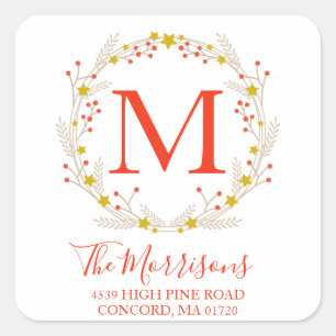 Christmas Wreath Monogram Botanical Return Address Square Sticker