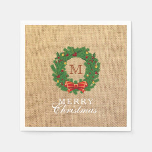 Christmas Wreath Monogram Burlap Background Napkin