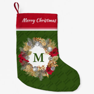 Christmas Wreath MONOGRAM Green Small Christmas Stocking