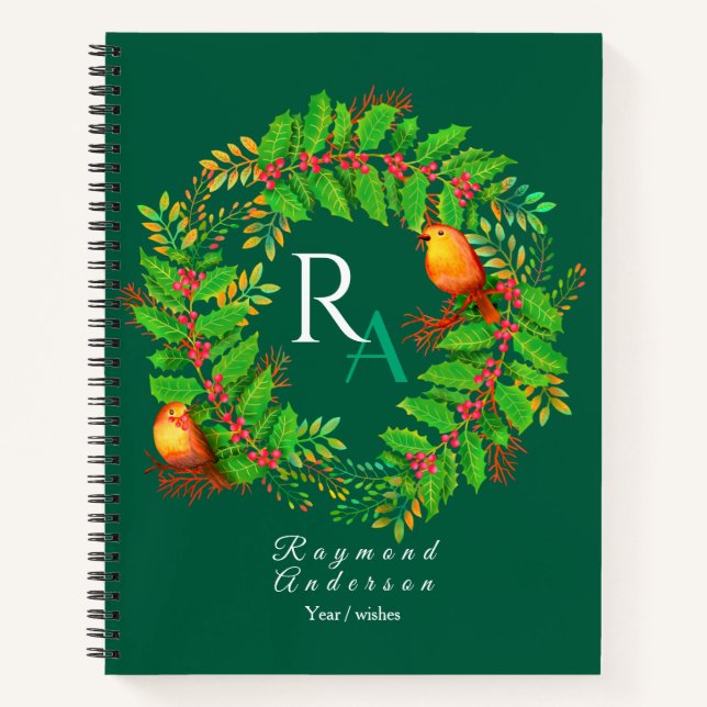 Christmas Wreath Monogram Hunter Green Notebook (Front)