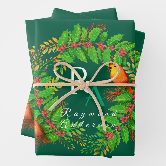 Christmas Wreath Monogram Hunter Green Wrapping Paper Sheet (In situ)