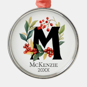 Christmas Wreath Monogram Initial Letter M Metal Ornament