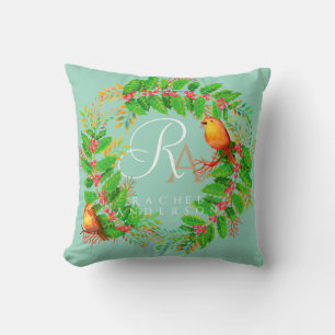 Christmas Wreath Monogram Light Teal Throw Pillow
