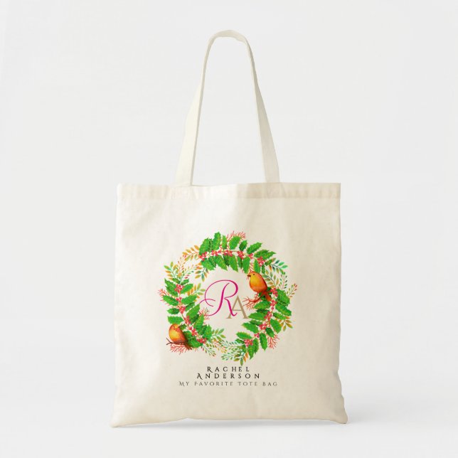 Christmas Wreath Monogram Light Teal Tote Bag (Front)