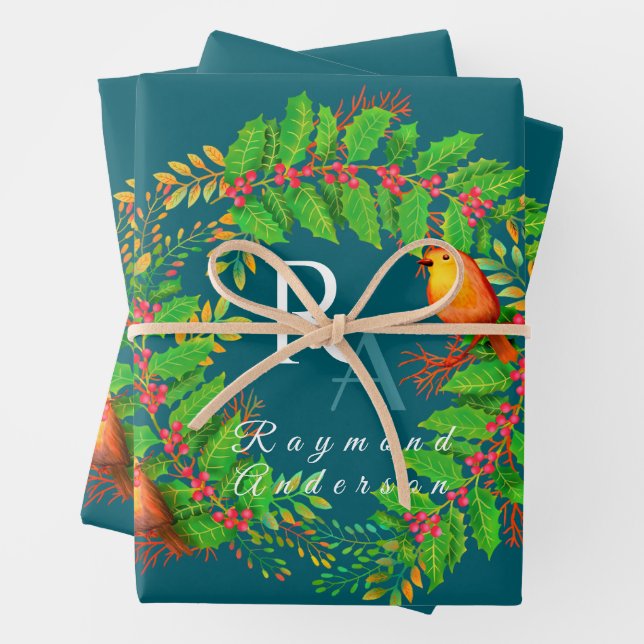 Christmas Wreath Monogram Ocean Blue Wrapping Paper Sheet (In situ)