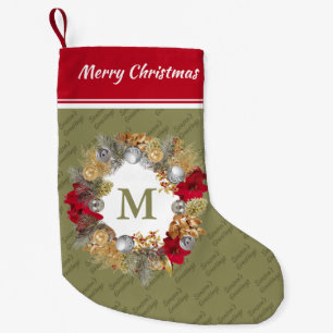 Christmas Wreath MONOGRAM Olive Green Small Christmas Stocking