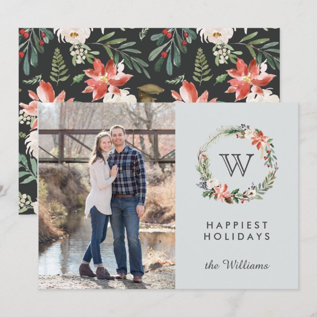 Christmas Wreath Monogram Photo Holidays Invitation (Front/Back)