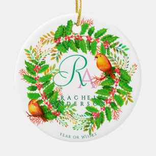 Christmas Wreath Monogram Photo White Ceramic Ornament