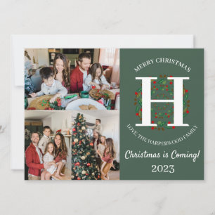  Christmas Wreath Monogram Script Family Photo  Holiday Card