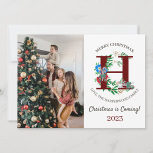 Christmas Wreath Monogram Script Family Photo Holiday Card