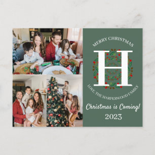 Christmas Wreath Monogram Script Family Photo Holiday Postcard