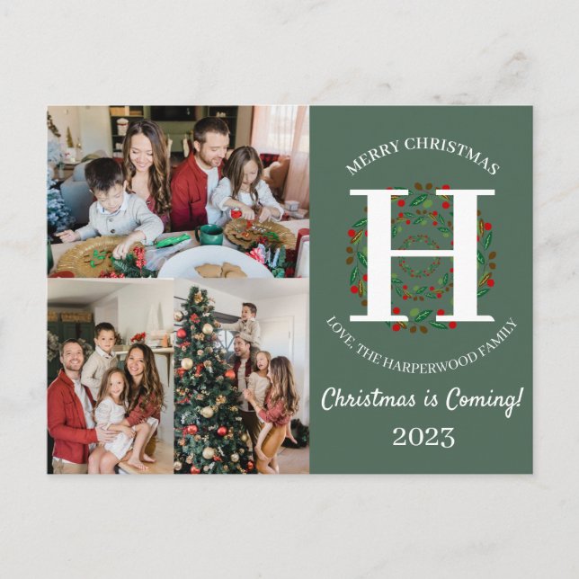  Christmas Wreath Monogram Script Family Photo  Holiday Postcard (Front)