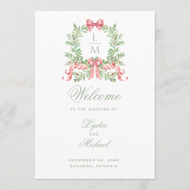 Christmas Wreath Monogram Wedding Program (Front)