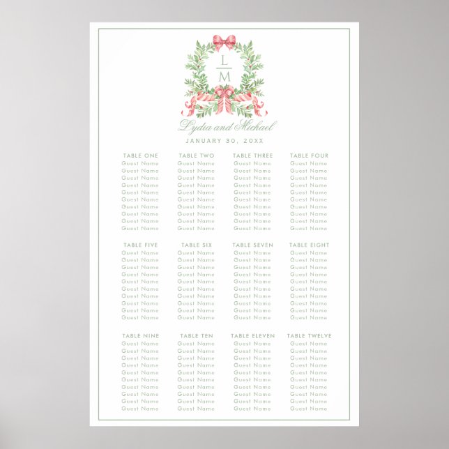 Christmas Wreath Monogram Wedding Seating Chart (Front)