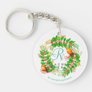 Christmas Wreath Monogram White Keychain