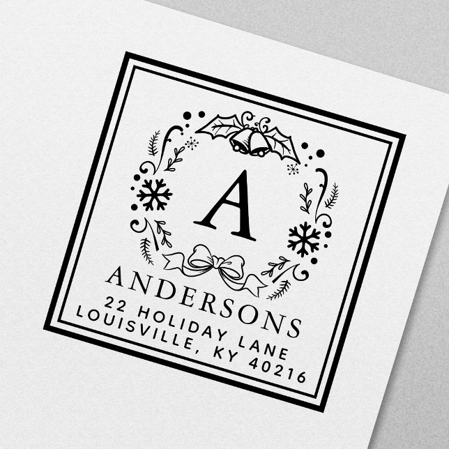 Christmas Wreath Monogram Winter Holiday Address Self-inking Stamp (Creator Uploaded)
