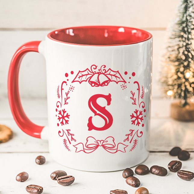 Christmas Wreath Monogram Winter Red Holiday Mug (Creator Uploaded)