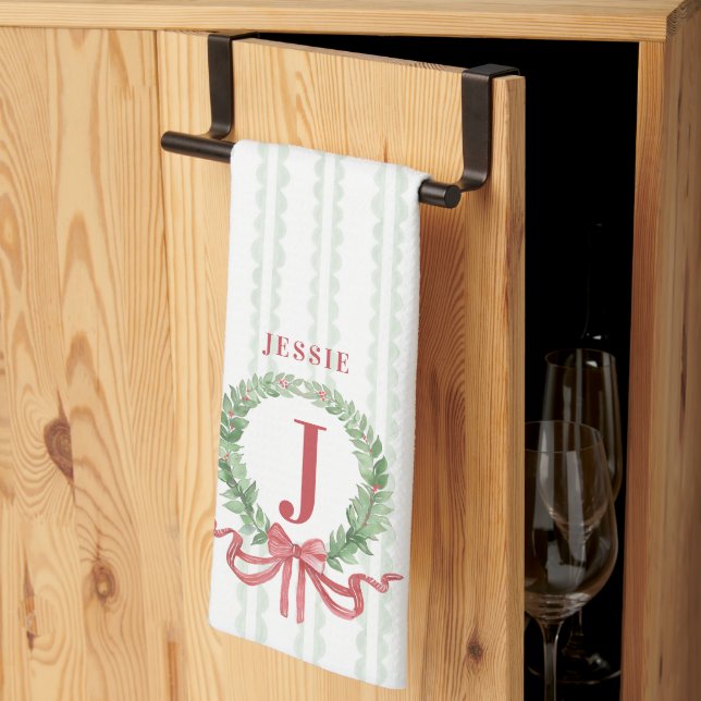 Christmas Wreath Monogram With Name Kitchen Towel (Thirds Fold)