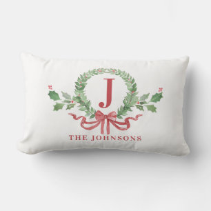 Christmas Wreath Monogram With Name Lumbar Pillow
